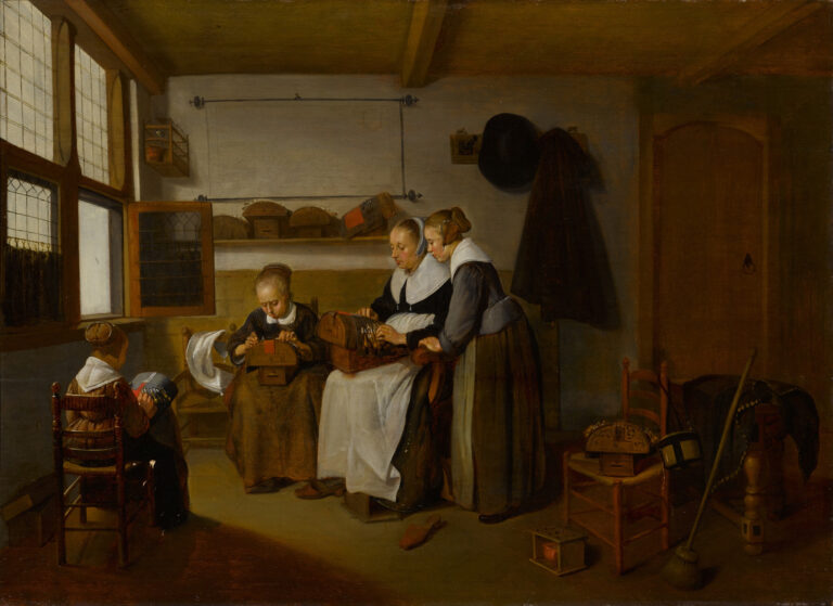 Three women in a 17th-century room sew and work at a table near tall windows, while a child sits on a chair with its back turned. Sunlight illuminates the simple, domestic interior scene.
