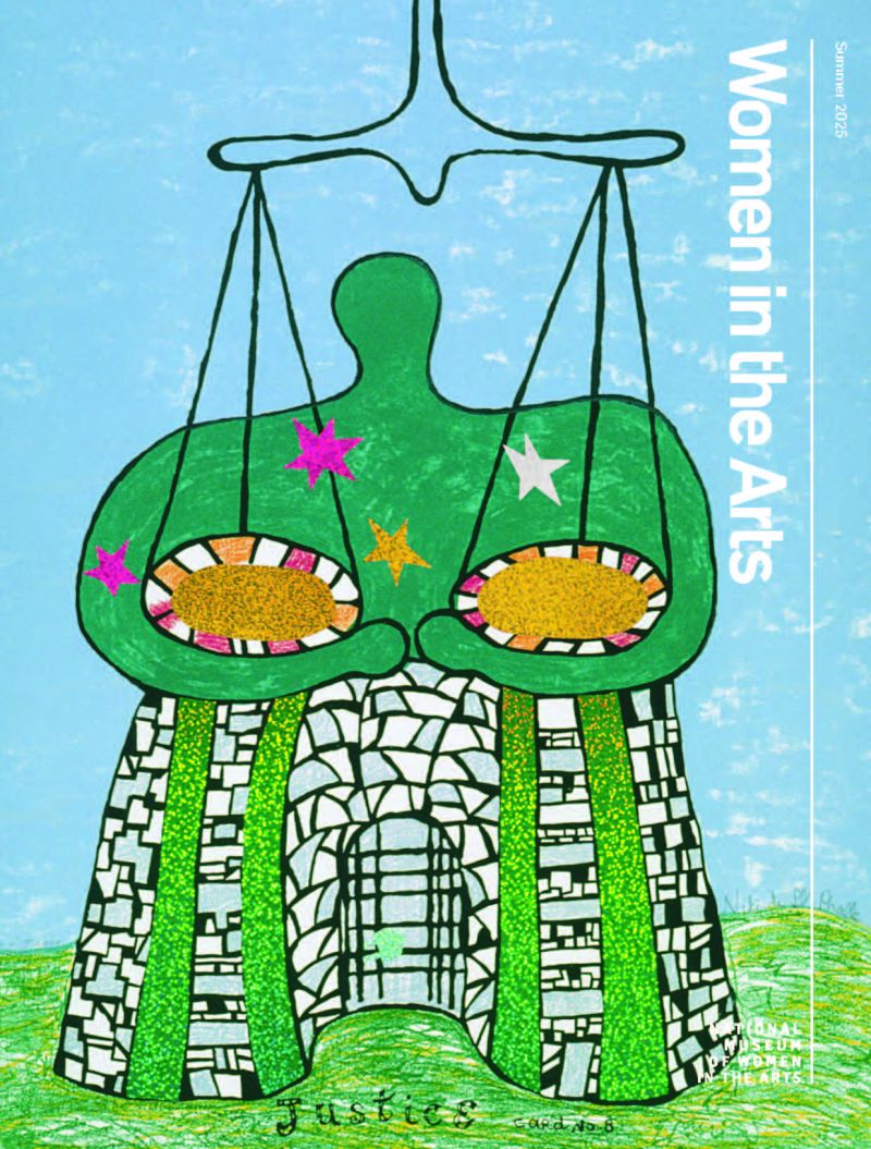 The cover of Women in the Arts Summer 2025 issue with a colorful painting of an abstracted figure holding scales.