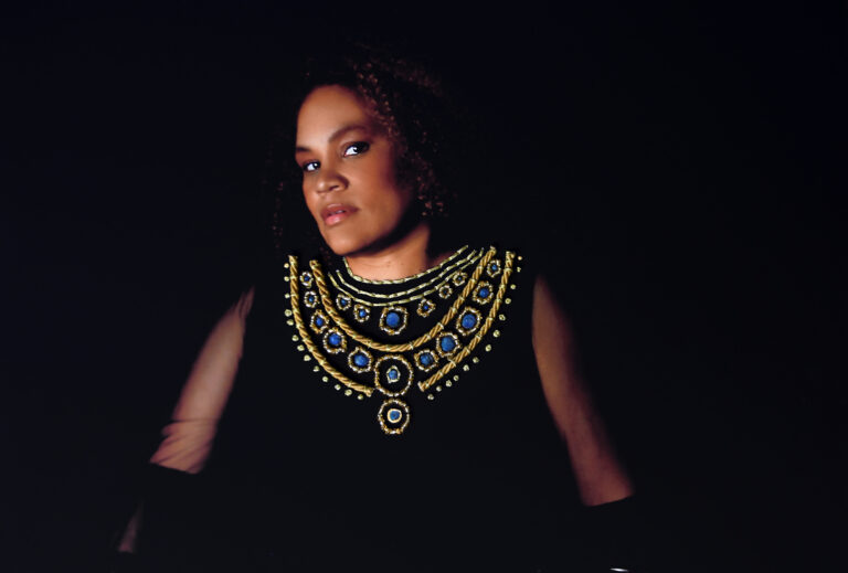 In a photograph, a woman with medium skin tone and dark, curly hair stands in front of a bowl of flour, butter, Crisco, and buttermilk. She wears a black dress, and gold thread and blue beads are stitched onto her clothes on the surface of the photograph.