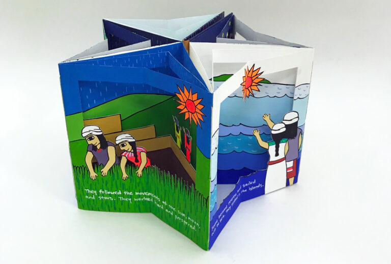 From above, a partial view of a star-shaped carousel book depicting scenes of light-skinned adults with black hair working in a lush field and waving at an island across cobalt waves. The people wear simple clothes and white headwraps, and there is text at the bottom of each page.