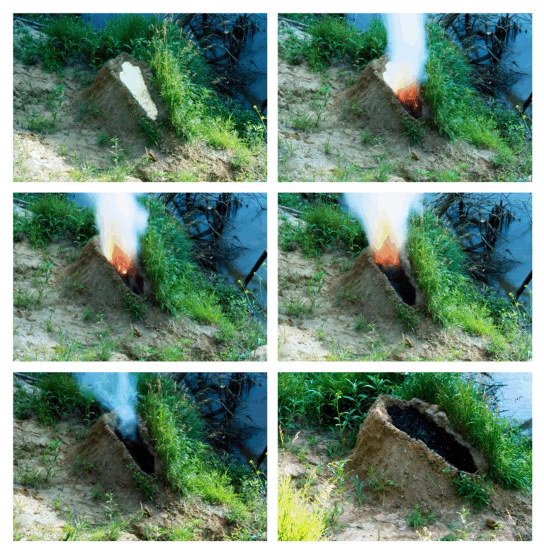 Six photographs organized in a grid. Each photograph shows a mound of dirt in a grassy area by water. In the center of the mound is a human-shaped recess. The first photograph shows the mound, in the second to fourth mound there is fire in the human shape, and in the last mound is a human-shaped recess full of gunpowder.