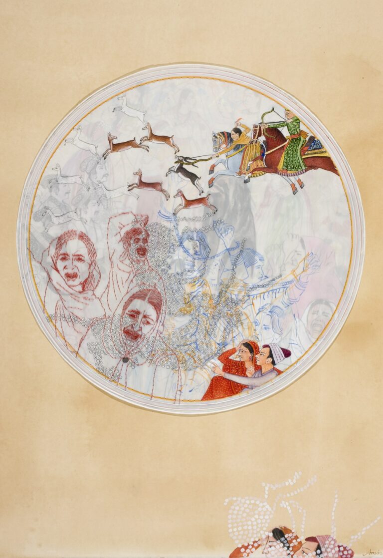 Ambreen Butt, Untitled 2 (from the series “Dirty Pretty”), 2008; Water-based pigments, white gouache, thread, and gold leaf on Mylar and tea-stained paper, 28 x 20 in.; Sara M. and Michelle Vance Waddell Collection; © Ambreen Butt; Photo by John Horner  