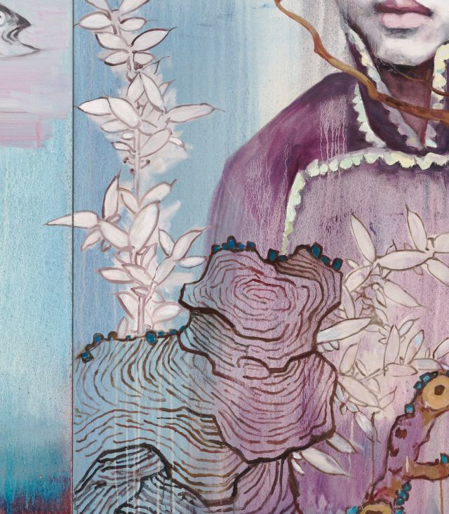 A detail of a painting shows a rock formation next to a branch before a blue background