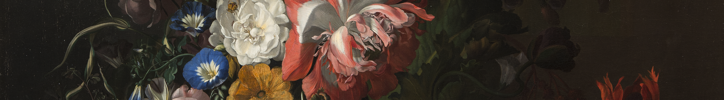 A still-life painting featuring an asymmetrical arrangement of flowers; the central section features pink, orange, yellow, and blue flowers and is dramatically highlighted compared to the background and outer edge of arrangement.