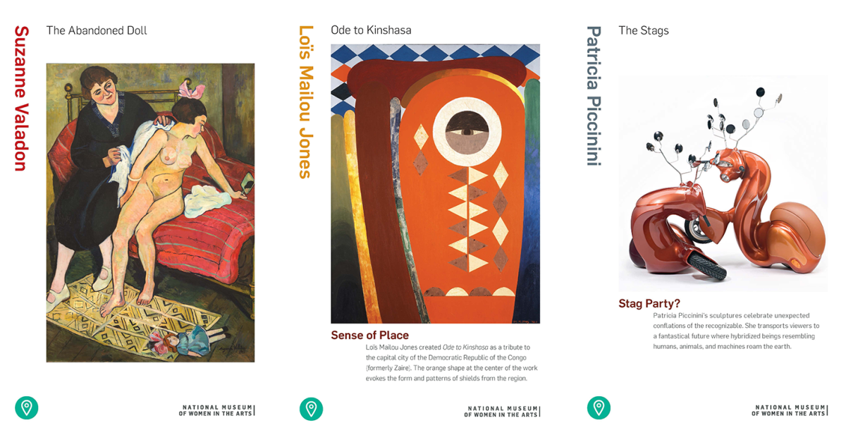A sample of three informational cards on artworks in our collection that displays the artist name, artwork title, and artwork image.