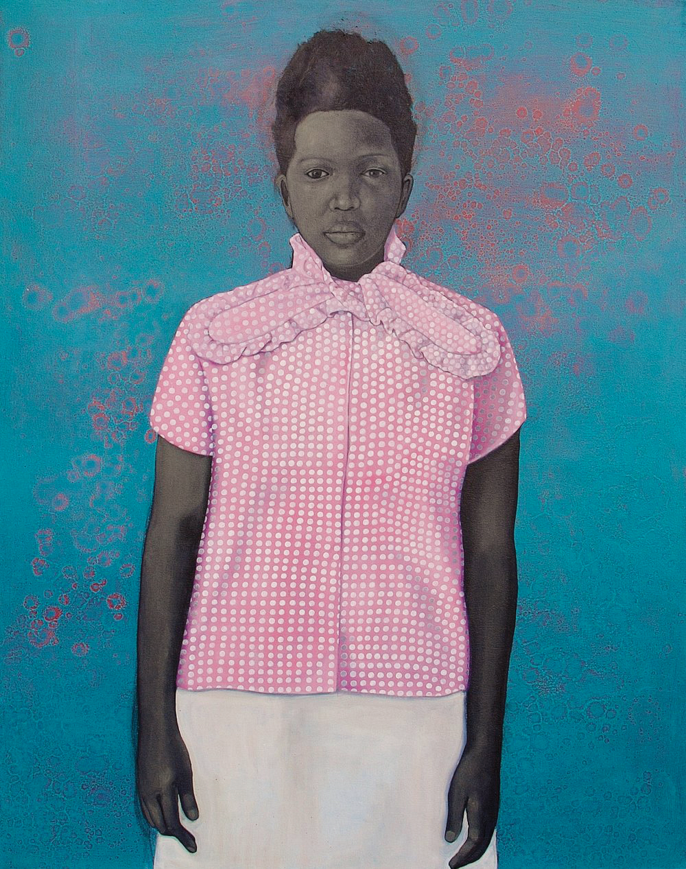 In this painted portrait, a woman with dark skin tone rendered in grayscale stands with her arms by her side, looking straight at the viewer. She is set against a blue background speckled with red, watery drips. She wears a short-sleeved polka-dot blouse with a bow at the collar and a white skirt.